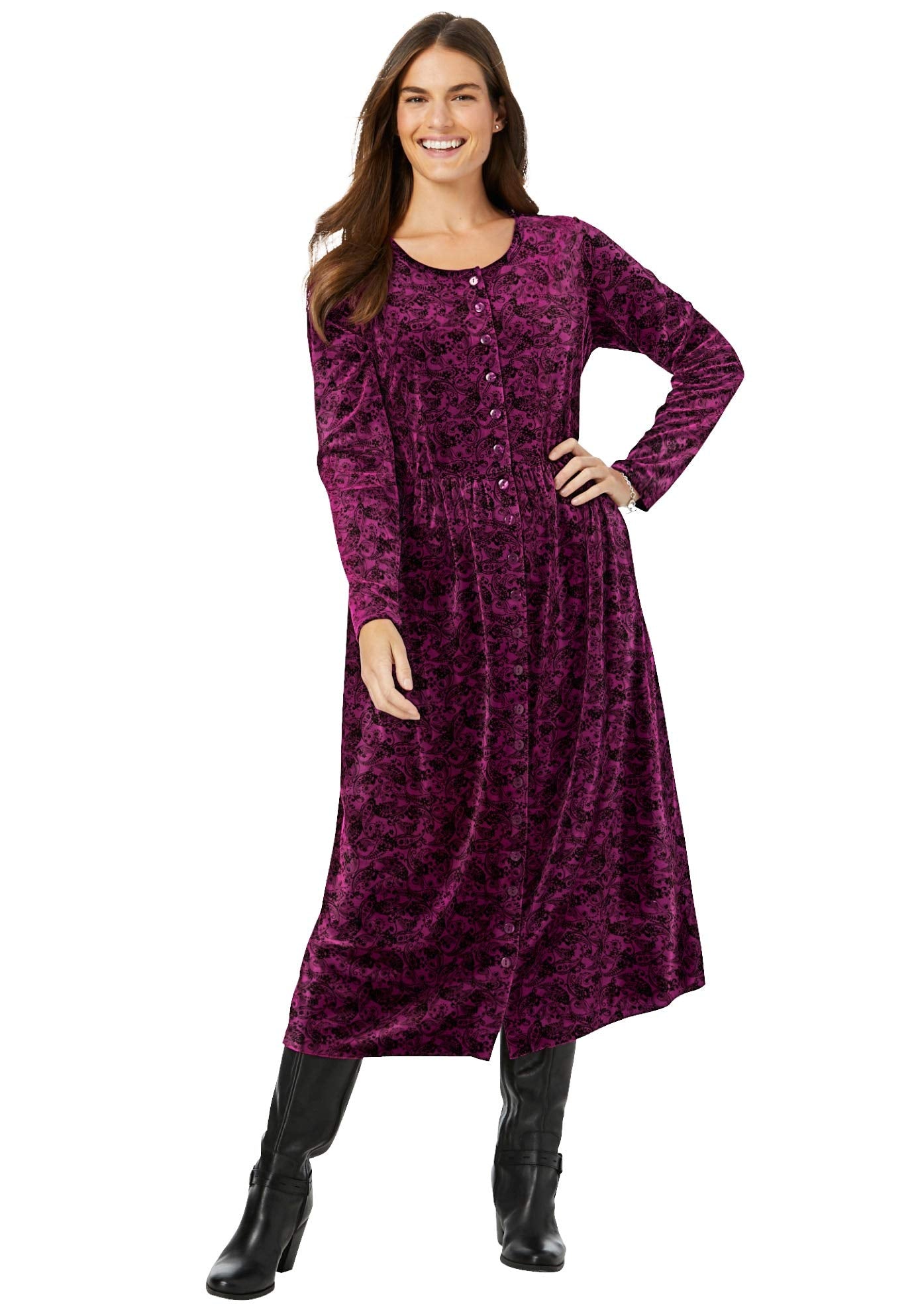 Woman Within Womens Plus Size 21-Button Velour Dress - 12 Deep Claret Floral Paisley