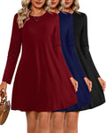 Huukeay 3 Pack Womens T-Shirt Dresses Long Sleeve Crew Neck Tunic Dresses Casual Loose Dress Knee Length Basic Swing Dress(MediumBlack Navy Blue Wine Red)