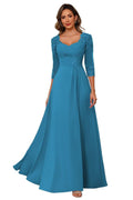 AUSPORY Chiffon Wedding Guest Dresses with Sleeves 2024 Lace Appliques Ocean Blue Long Ruched Formal Dresses Maxi Pleated A Line Fall Wedding Dresses for Bride 8 Ocean Blue