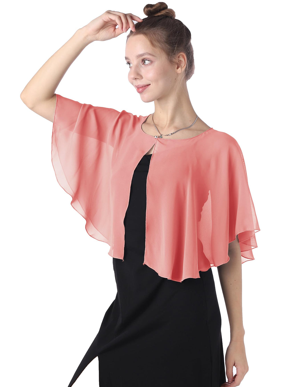 Baoqiya Chiffon Capelet Bridal Capes Soft Shawls and Wraps for Dresses Women Accessories (Coral1)