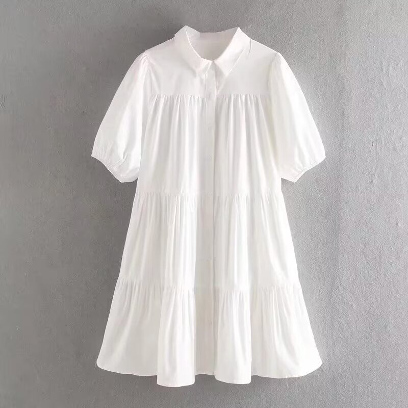 Sweet Wind Bubble Sleeve White Shirt Dress