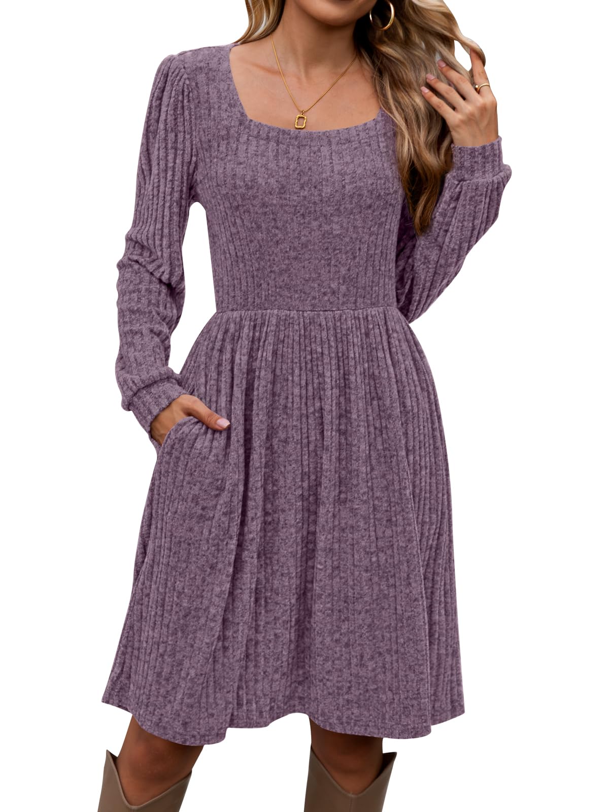 Womens Fall Dress Square Neck Long Sleeve Knit Winter Sweater Dresses 2024