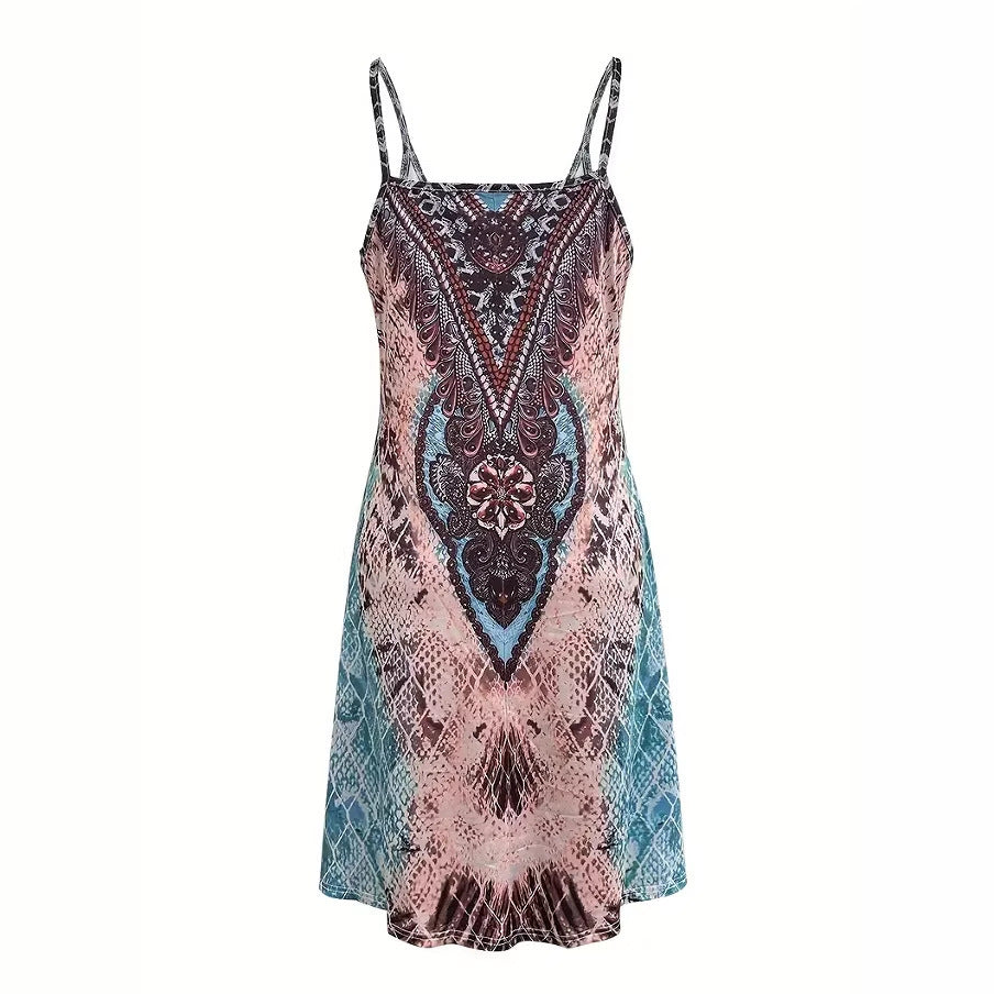 Chic Colorful Printed Low-Cut Strap Dress with Off-Shoulder Design for Women