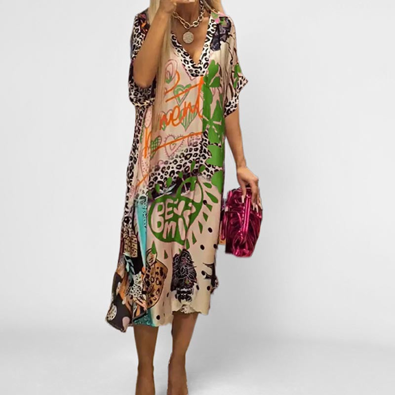 Leisure commuting leopard print color print deep V-neck dress long skirt for women