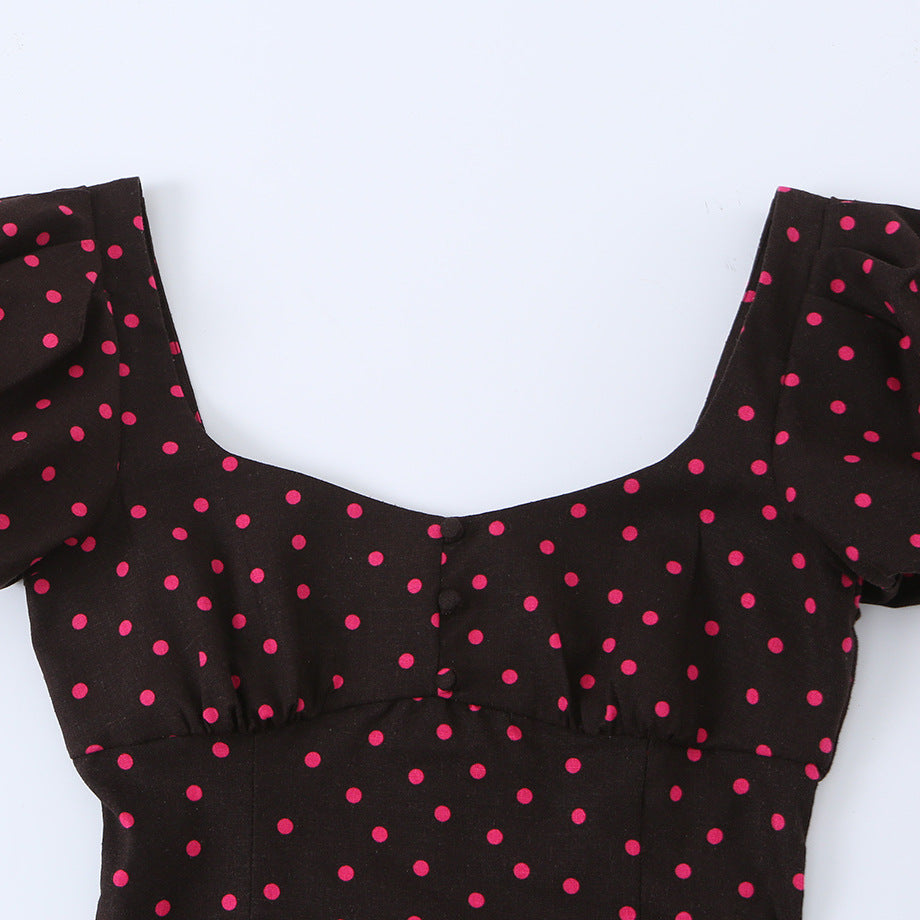 Wave dot bubble sleeve linen dress