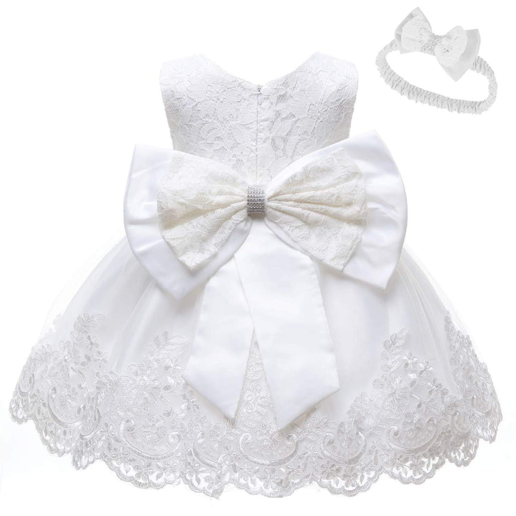Baby Girls Pageant Lace Dresses Toddler Birthday Party Embroidery Easter Dress with Headwear (White3M)