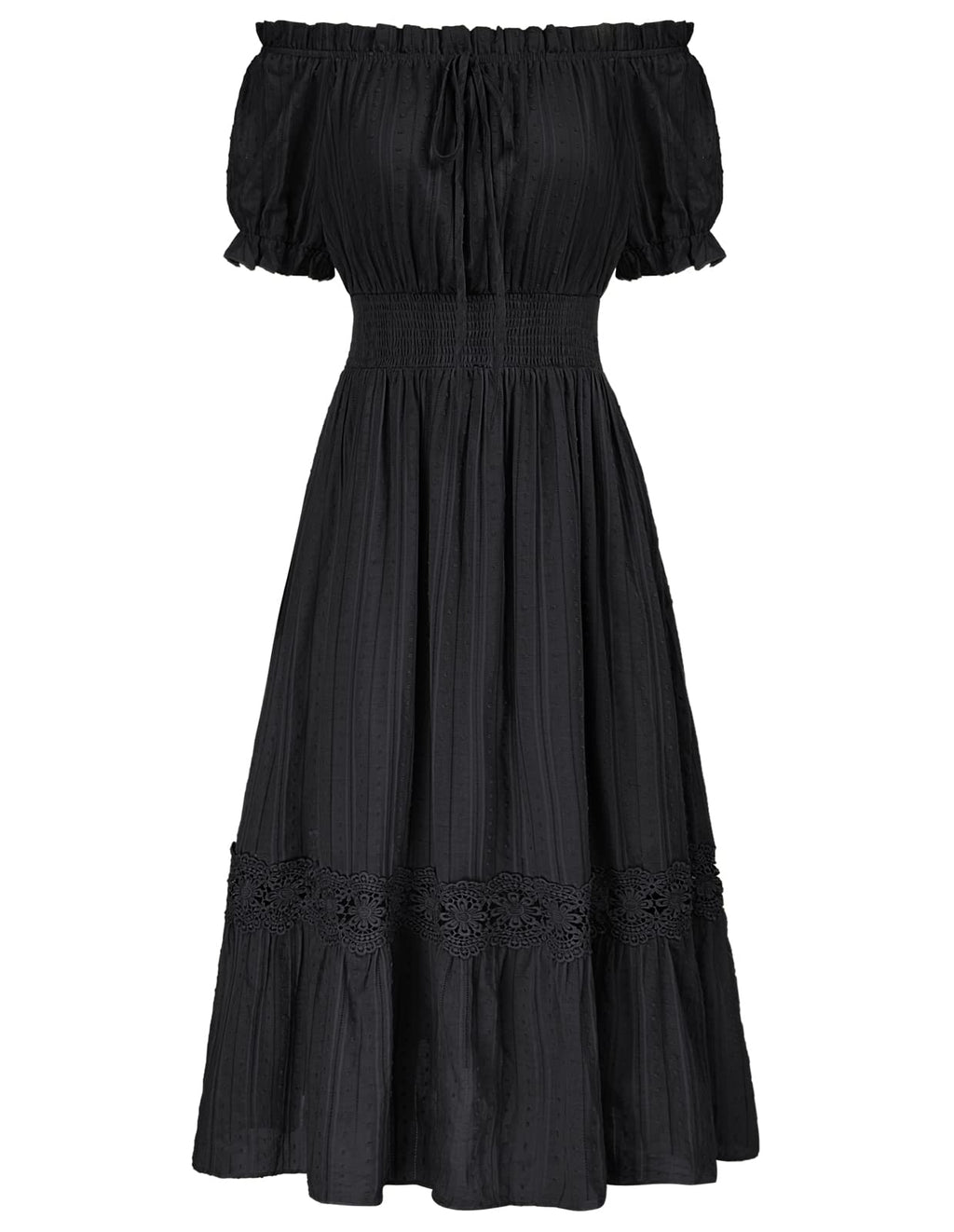 Renaissance Dress for Women Peasant Midi Length Flowy Boho Dresses Black S