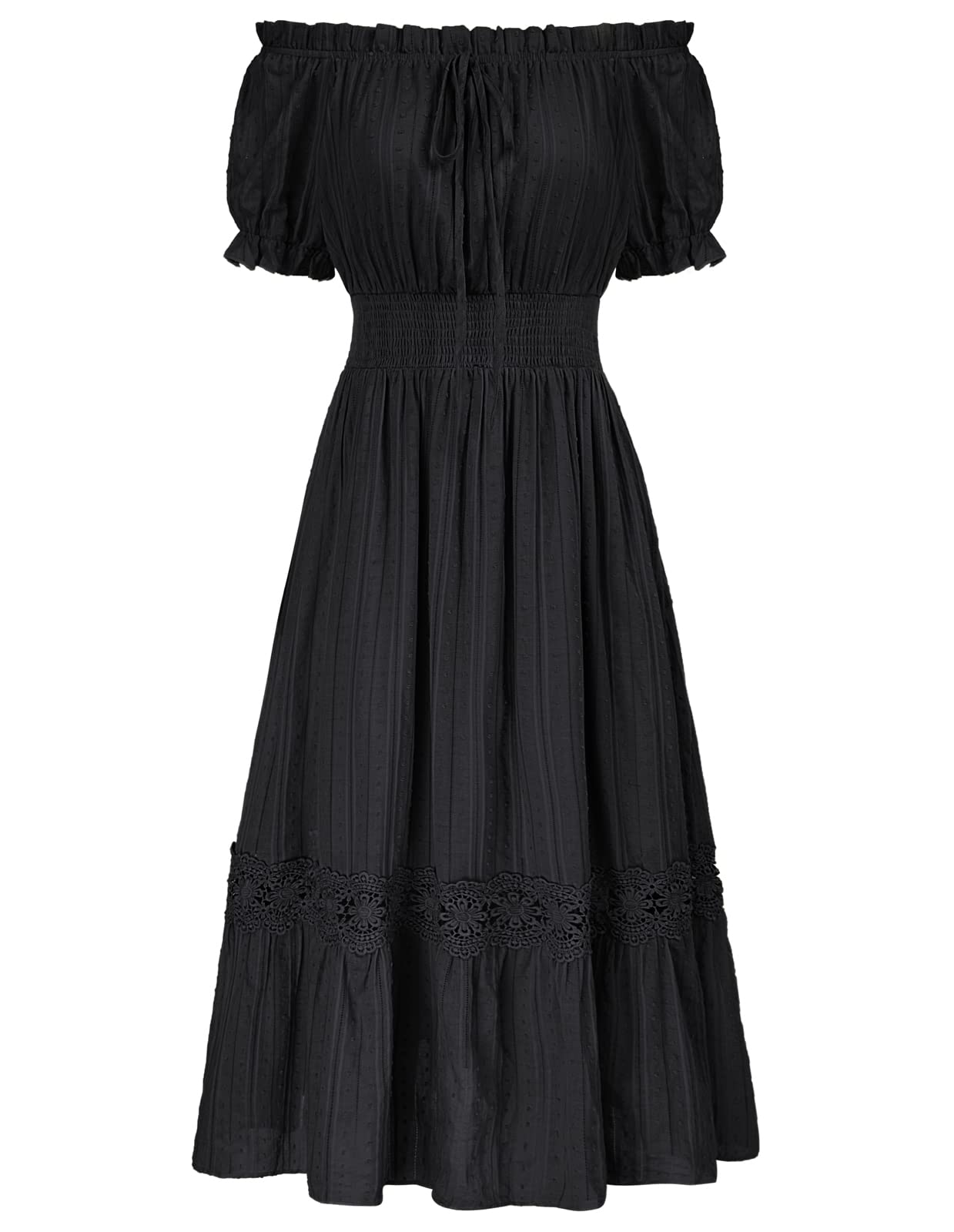 Renaissance Dress for Women Peasant Midi Length Flowy Boho Dresses Black S