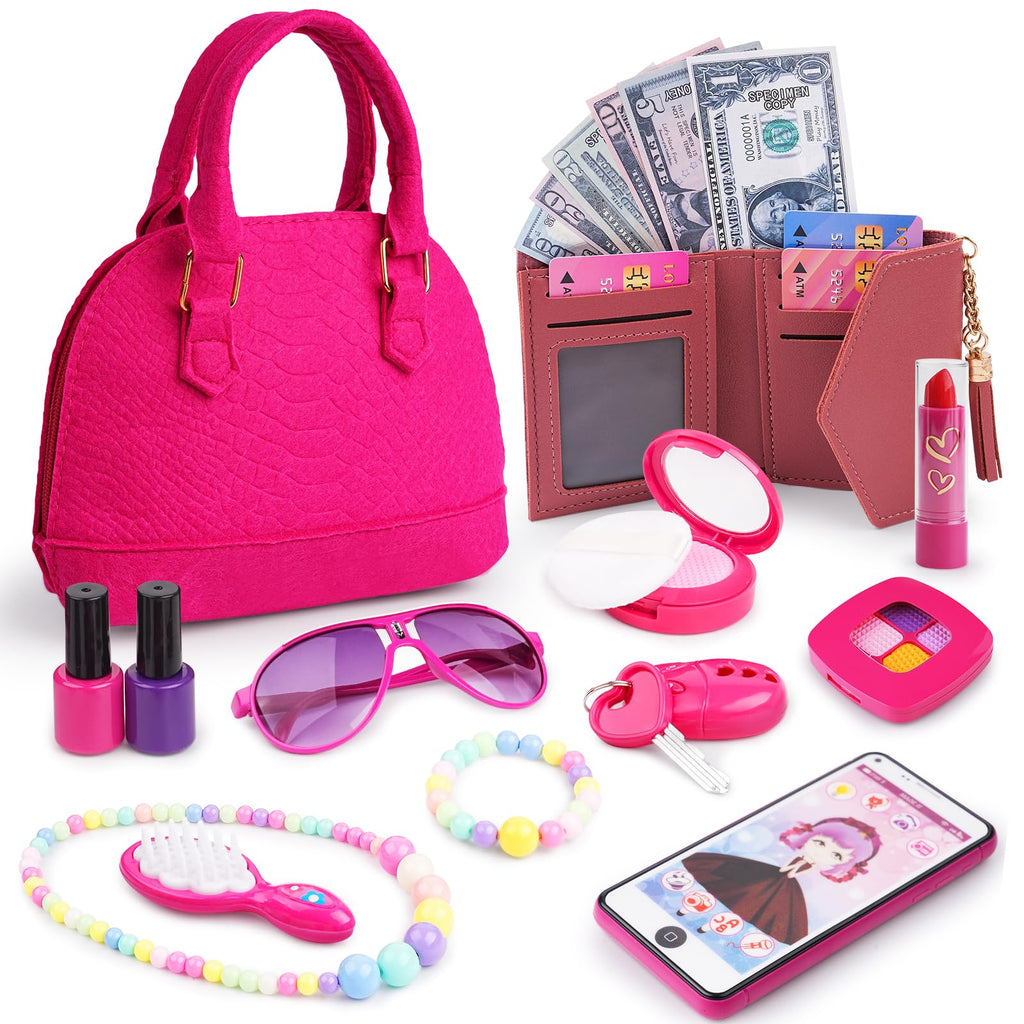 Little Girls Purse with Accessories Toddler Toy Purse with Pretend Makeup Play Purse Set for Little Girls Includes Handbag Phone Wallet Keys Birthday for Girls Age 3-5 4-6 6-8