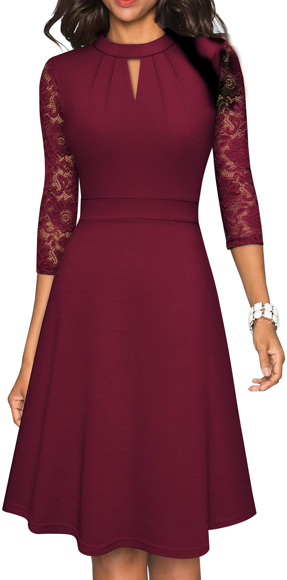 HOMEYEE Womens Round Neck Hollow Out Lace Patchwork Retro Party Dresses A234(12Burgundy)