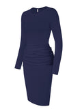 Laughido Ruched T Shirt Bodycon Dress Womens Long Sleeve Knee Length Sheath Dresses（Dark Blue Large）