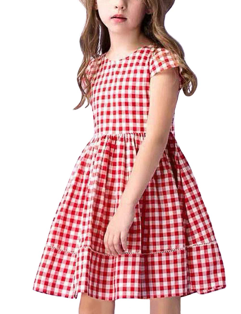 KYMIDY Girls Casual Dress Short Sleeve Buffalo Check Red White Plaid Dresses for Kids6 Years