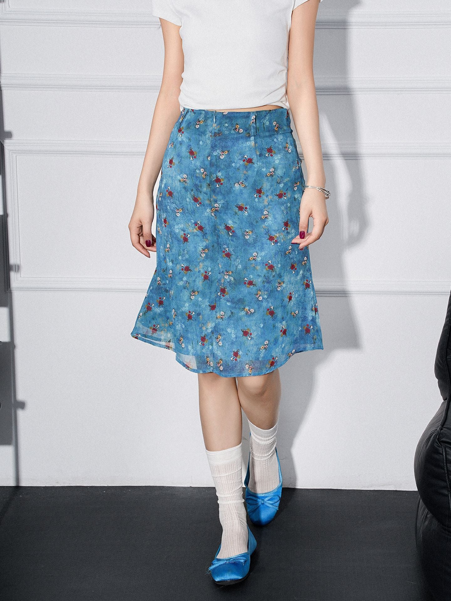 Blue Floral Chiffon Midi Skirt for Women, High Waist, Slim Fit