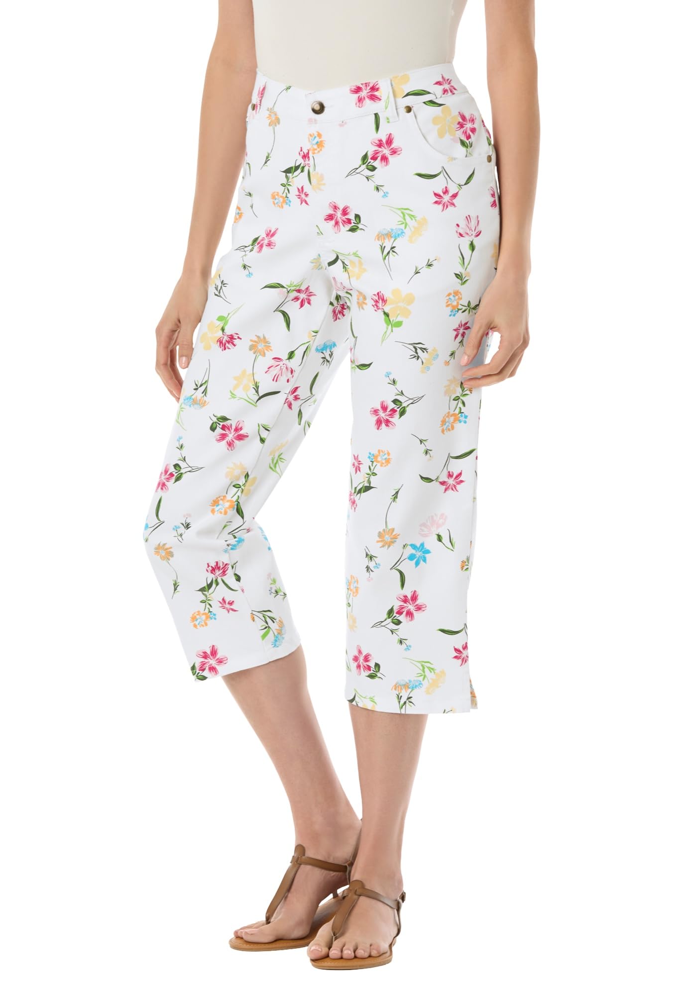 Woman Within Womens Plus Size Capri Stretch Denim Jean - 36 W White Flowers