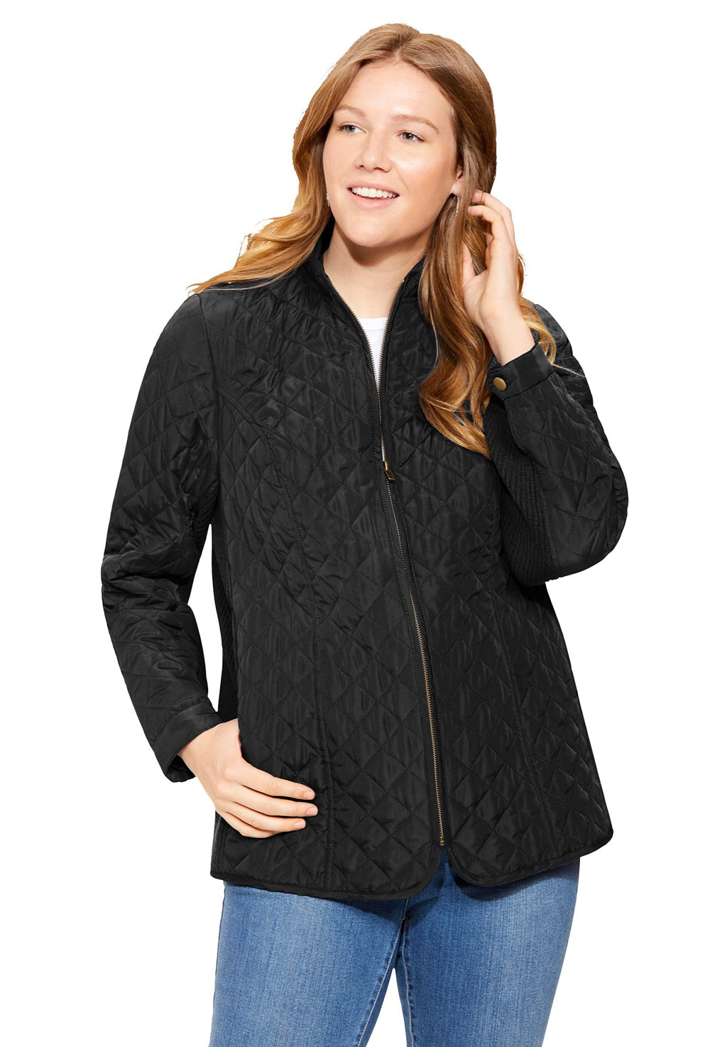Woman Within Plus Size Zip-Front Quilted Jacket Quilted Lightweight Coat - 5X Black