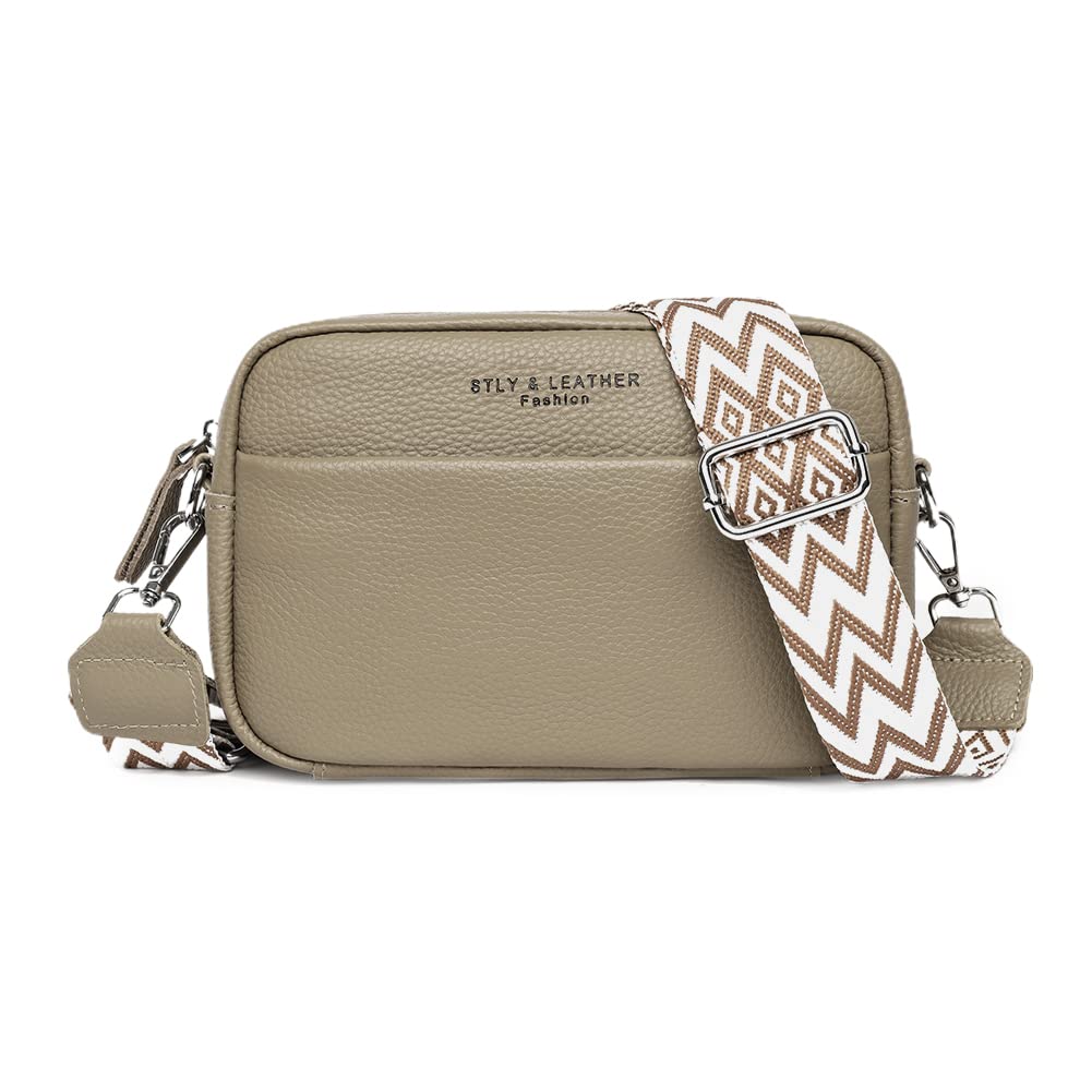 Crossbody Bag for Women Genuine Leather Wide Strap Shoulder Bag Purse Trendy Design Camera Crossbody Purse Top Zip