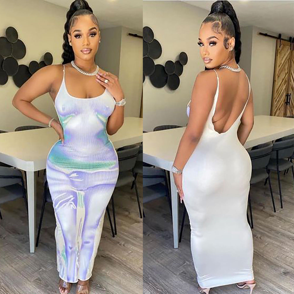 Fashion Sexy Printed Backless Strap Dress Women Long Dress