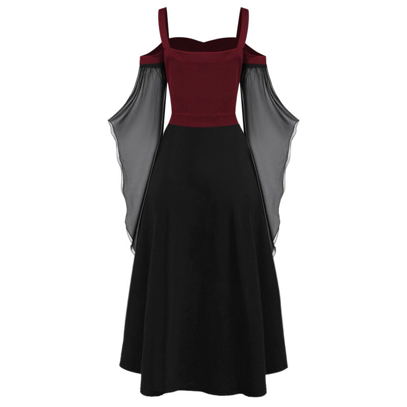 Plus Size Retro Off-Shoulder Gothic Flared Sleeve Irregular Halloween Witch Strap Tie-Up Dress