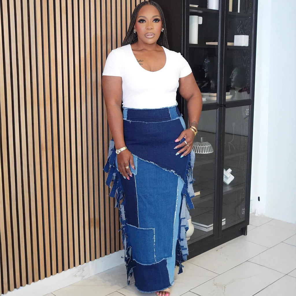 Women's Western Style Denim Skirt Fashion Washed Color-Block Fringe High Waist Midi Skirt