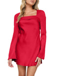 HYPERFIRE Womens Elegant Sqaure Neck Satin Long Sleeve Mini Dress Wedding Cocktail Dresses Red Small
