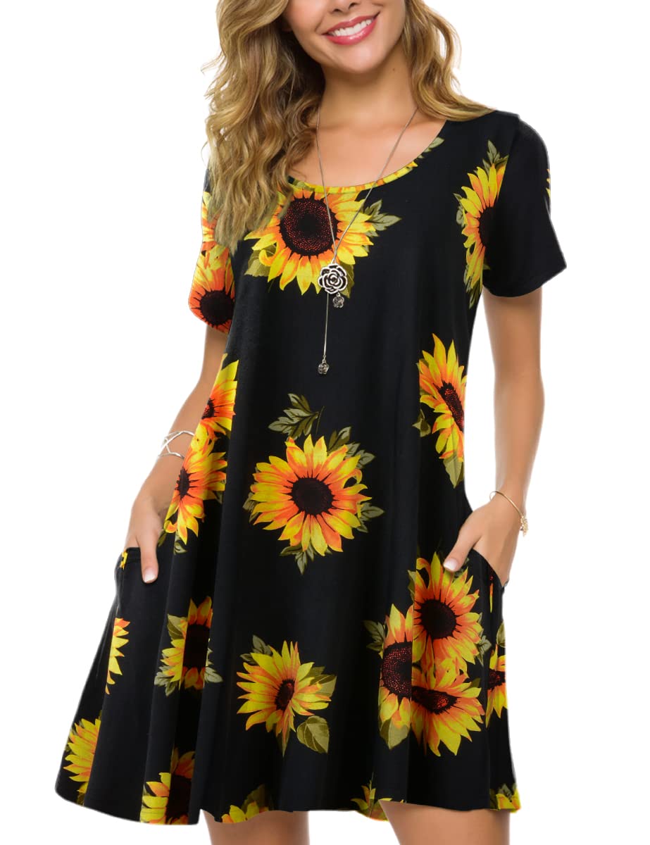 ZENNILO Plus Size Casual T Shirt Dresses for Women Flowy Sunflower Dress Pockets(A-SunFlower271X)