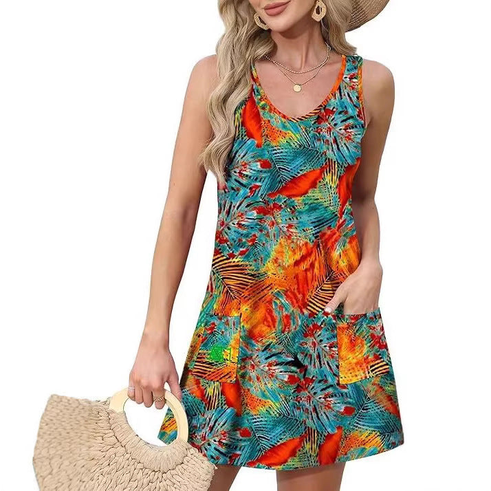 Summer Beach Loose V-Neck Sleeveless Pocket Dress with Pockets Tank Dress