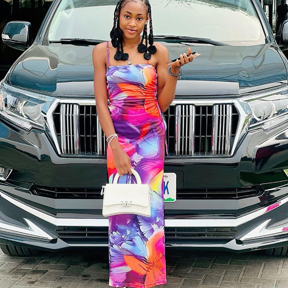 Women's Strap Dress, Sexy Print Tie-Up Slip Long Dress