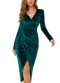 NiPaMi V Neck Long Sleeve Velvet Bodycon Midi Dress Glitter Ruched Formal Cocktail Party Dresses(TealS)