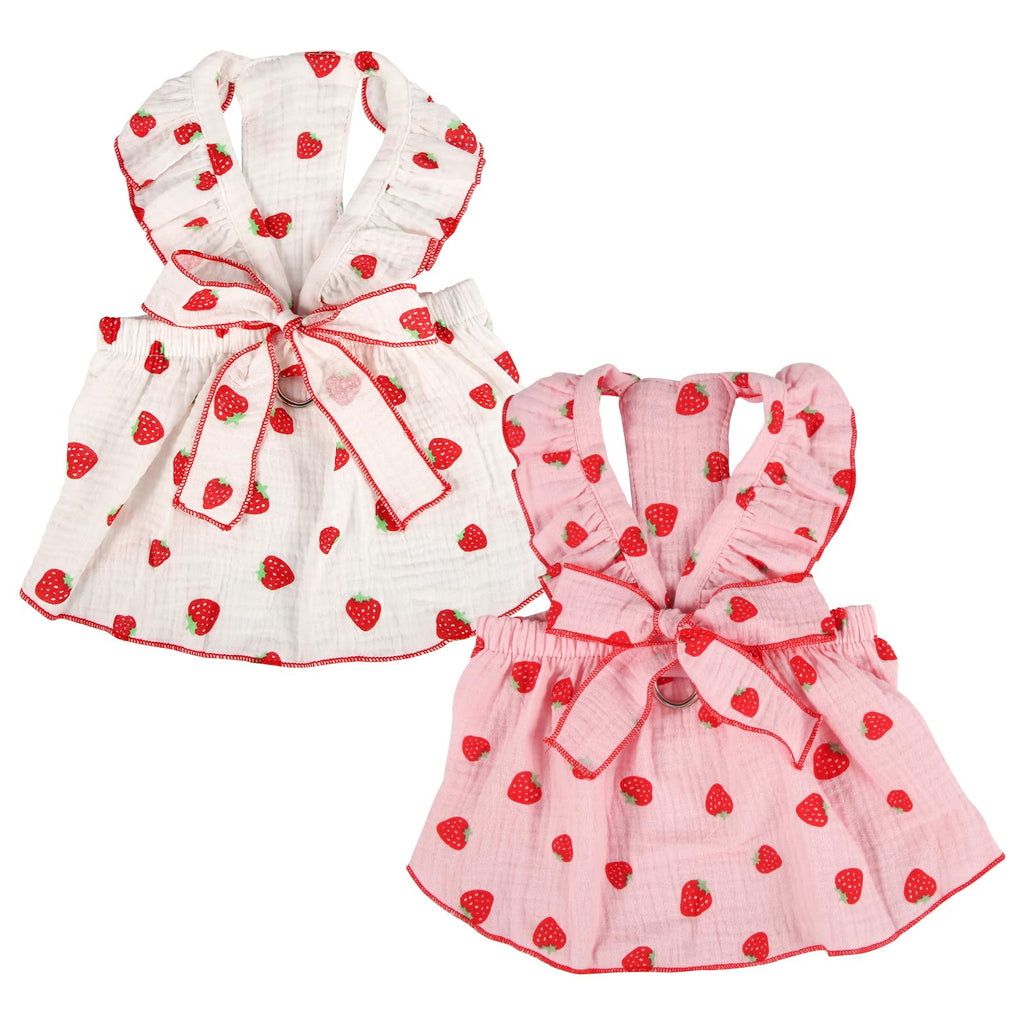 2pcs Girl Dog Dresses Strawberry Printed Bow Decoration Girl Puppy Clothes Summer Cute Cat Clothes Pet Kitten Dresses for Small Medium Large Dog and Cat (L)
