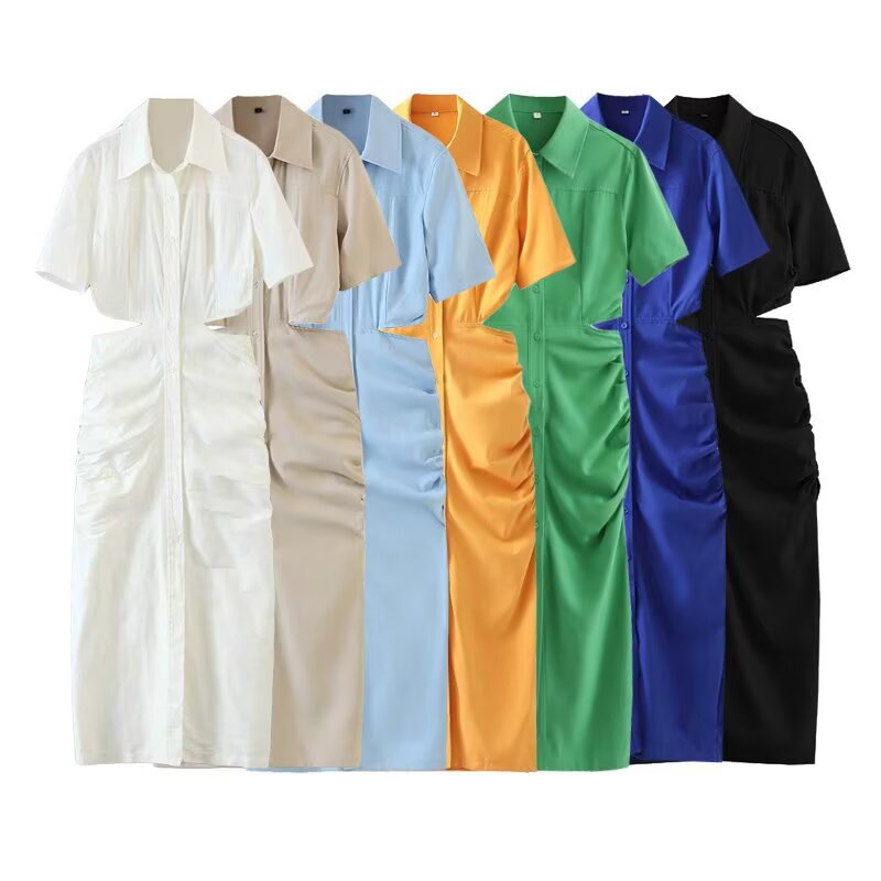 Pleated waist hollow short sleeved dress