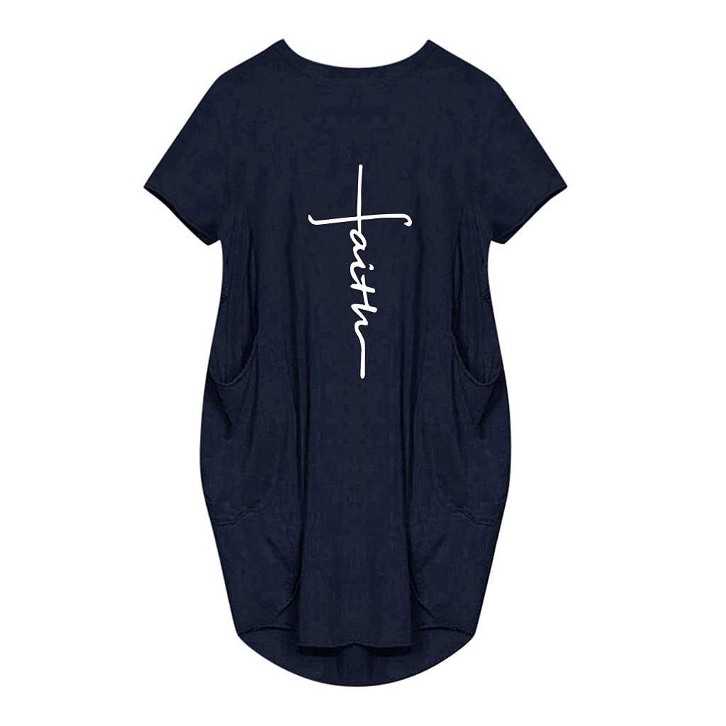 Womens Faith Baggy T-Shirt Dress Casual Oversize Short Sleeve Midi Dresses with Pocket Navy