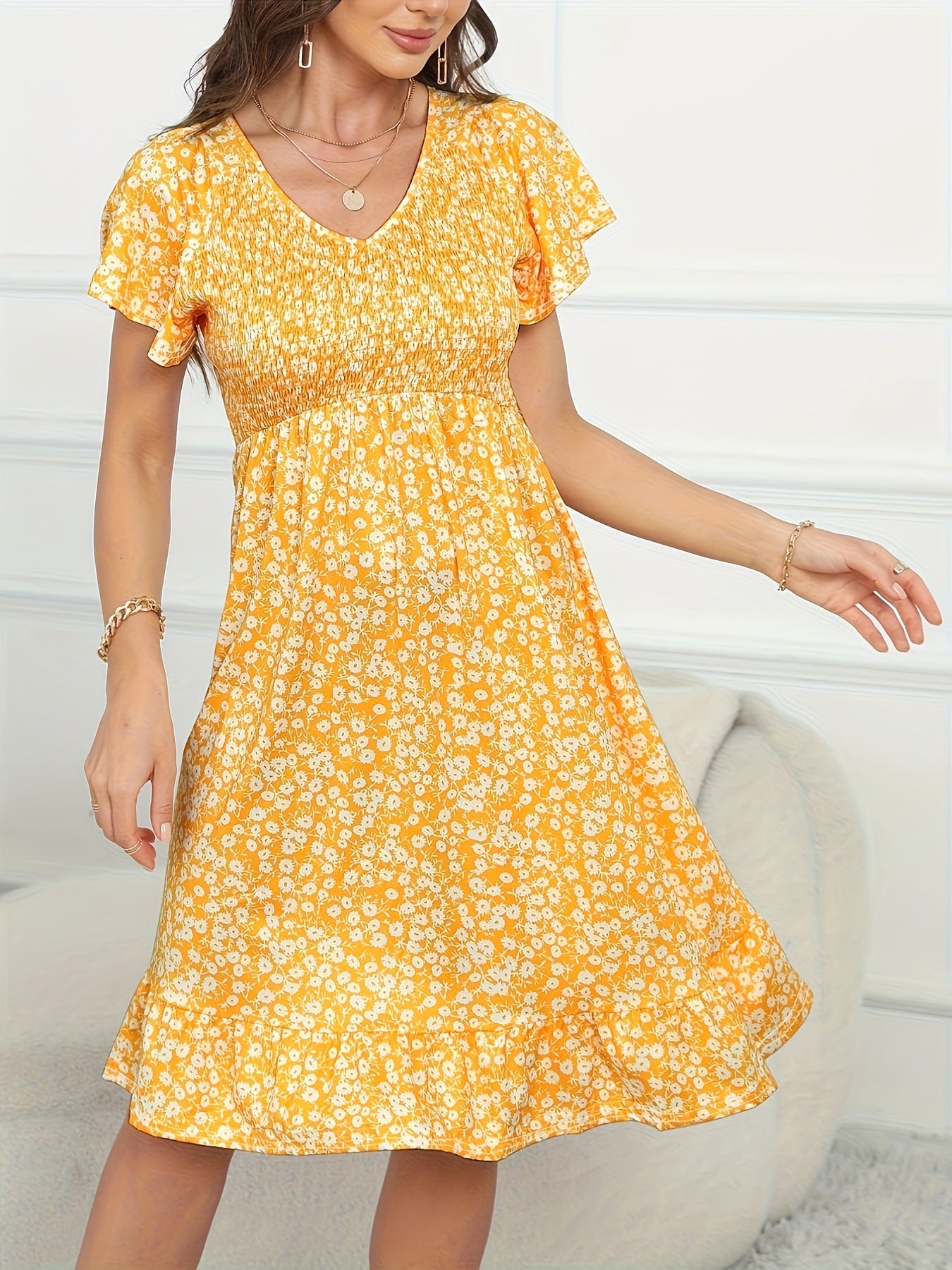 Printed Short Sleeve V-Neck A-Line Dress for Women  Summer Vacation Fashion