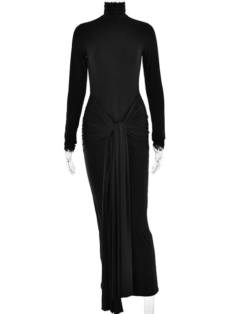 Solid Slimming Bodycon Sexy Dresses For Women Stand Collar Long Sleeve High Waist Patchwork Folds Dress Female