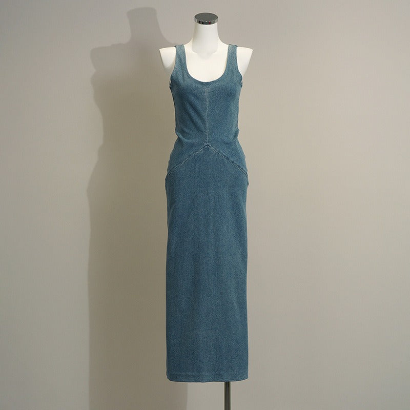 Split Waist Slim Long Dress Sexy Premium Denim Halter Dresses