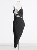 Solid Patchwork Diamonds Slimming Sexy Dresses For Women Square Collar Sleeveless High Waist Irregular Dress Female