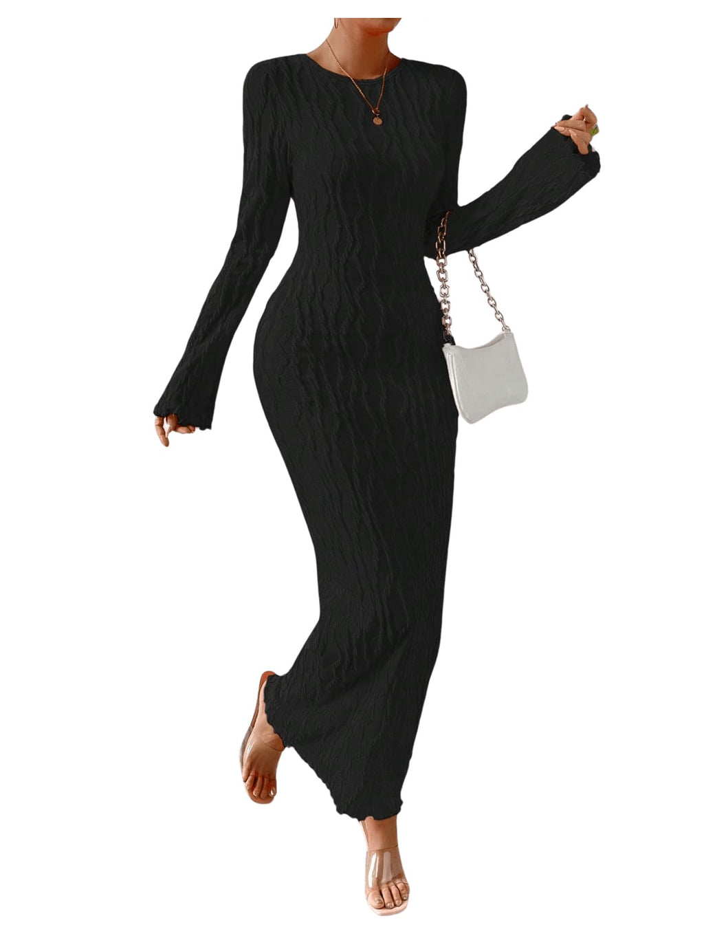 GORGLITTER Womens Long Sleeve Backless Dress Bodycon Textured Maxi Long Dresses Black Large