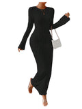 GORGLITTER Womens Long Sleeve Backless Dress Bodycon Textured Maxi Long Dresses Black Large