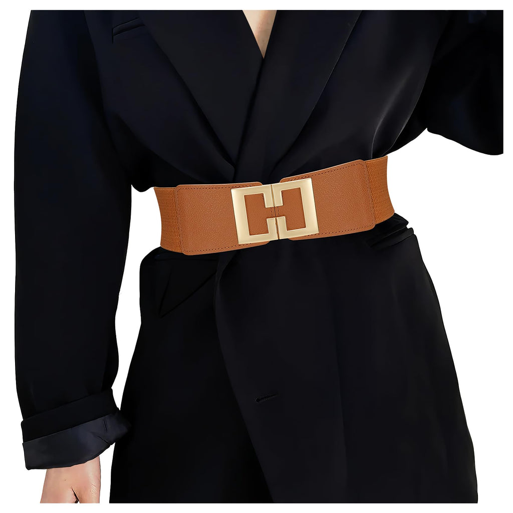 LEACOOLKEY Womens Elastic Wide Belt Gold Buckle Stretchy Waist Cinch Belt for Dresses Brown
