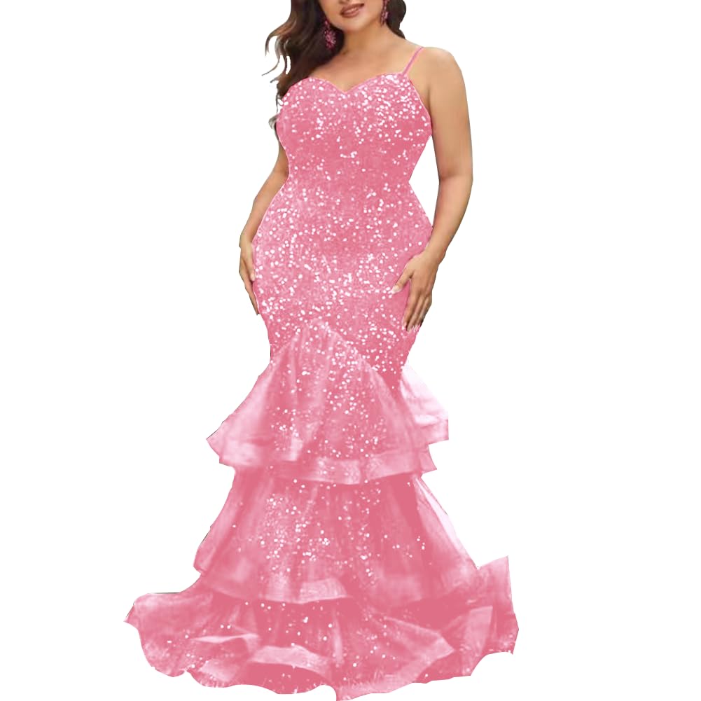 XDRDYD Women Sexy Sequin Spaghtti Straps Prom Dresses Mermaid Sling Layered Tulle Cocktail Party Maxi Dress Pink