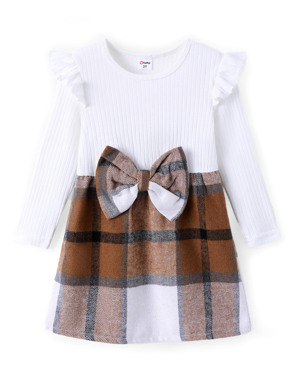 PATPAT Girls Long Sleeve Plaid Dress Ruffle Sleeve Preppy Dresses White Brown 2 Years