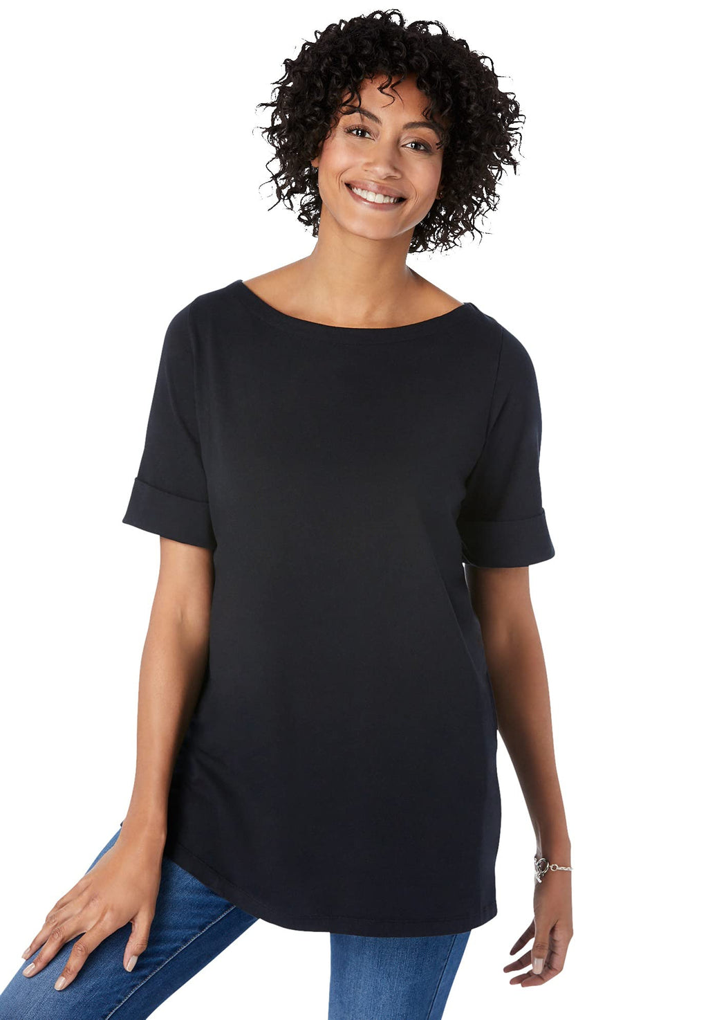 Woman Within Womens Plus Size Perfect Cuffed Elbow-Sleeve Boat-Neck Tee - M Black