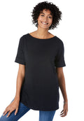 Woman Within Womens Plus Size Perfect Cuffed Elbow-Sleeve Boat-Neck Tee - M Black