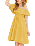 Arshiner Little Girls Cold Shoulder Flounce Trim Summer Casual Spaghetti Strap Dresses Yellow 4-5 Years
