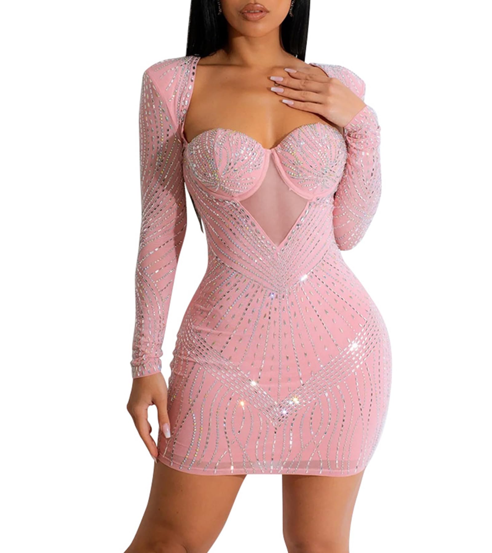 Zoctuo Womens Sexy Elegant Rhinestone Long Sleeve Birthday Dresses Sparkly Party Club Night Outfits(6706PinkXL)