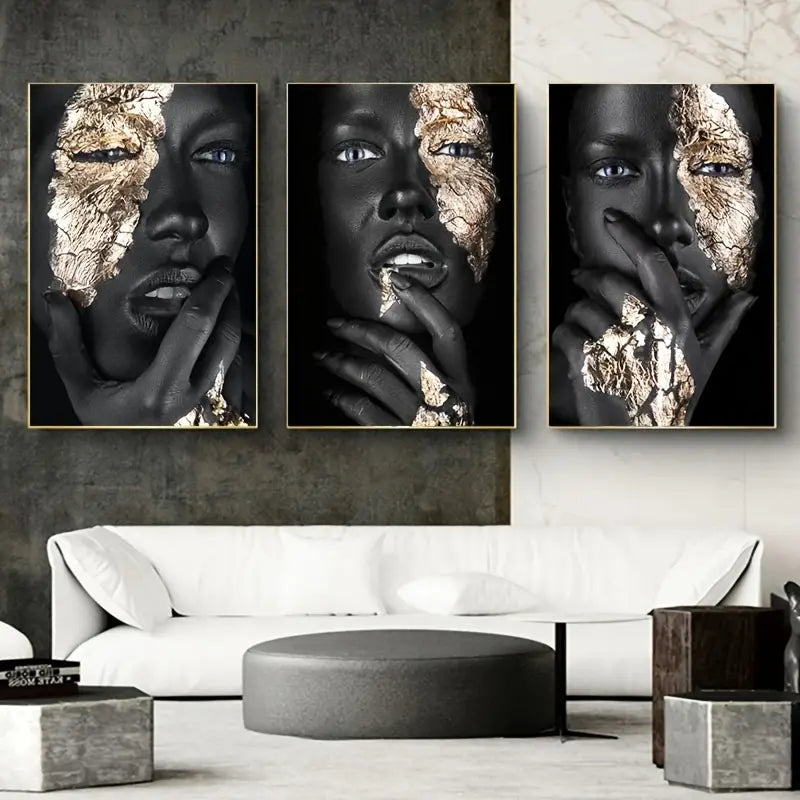 Frameless African Art Black and Gold Woman Canvas Set