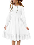 Yoklass White Long Sleeve Dress for Girls Kids Smocked Knee Length Dresses