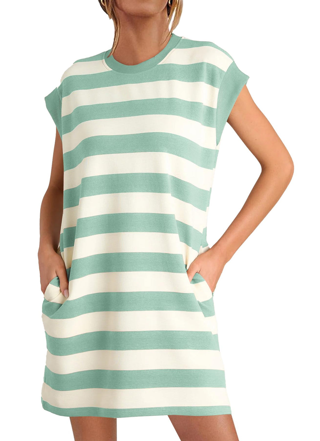 MITILLY Summer Shift Dresses for Women 2024 Casual Striped Tshirt Dresses with Pockets Medium Light Green