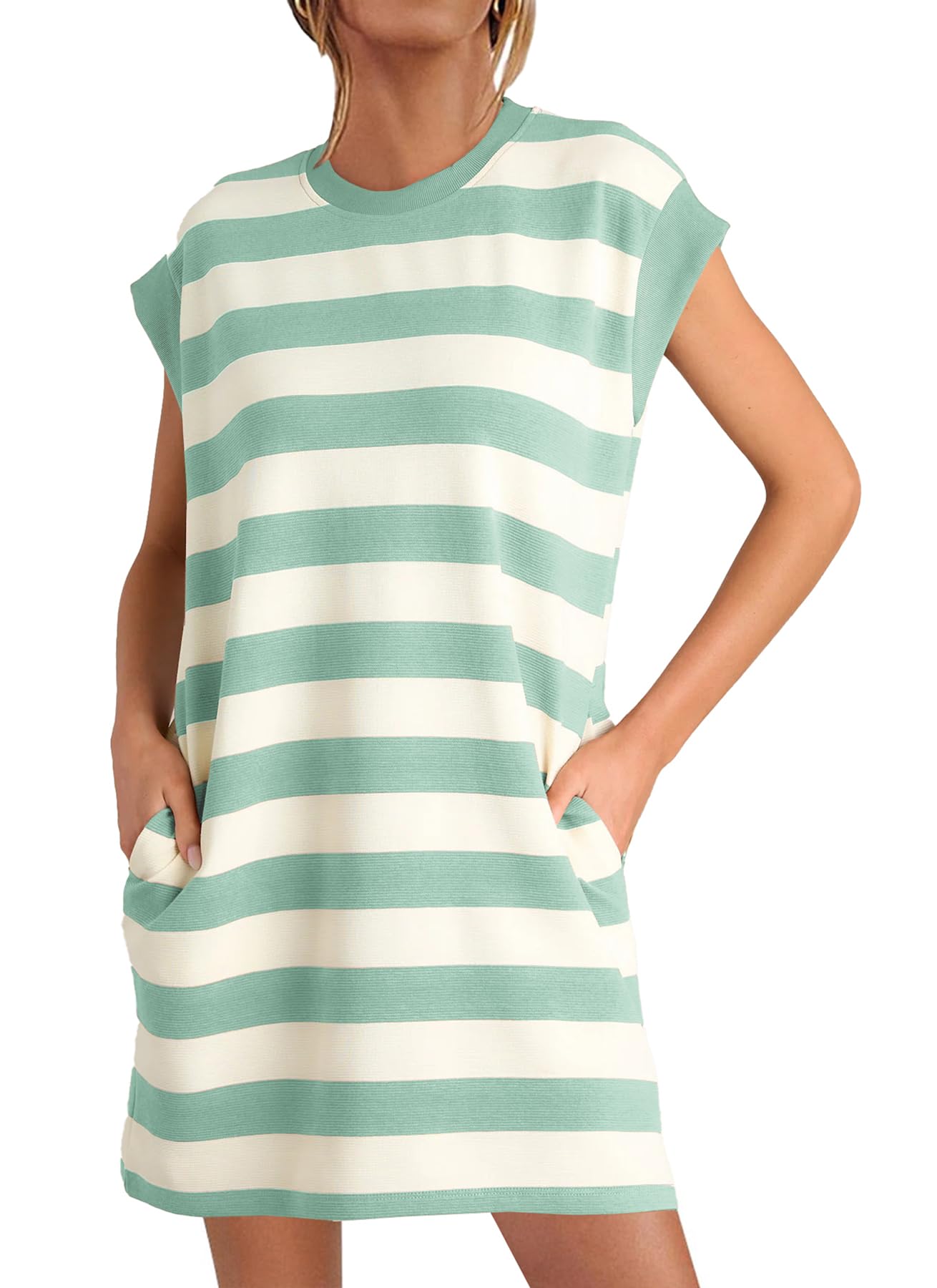 MITILLY Summer Shift Dresses for Women 2024 Casual Striped Tshirt Dresses with Pockets Medium Light Green
