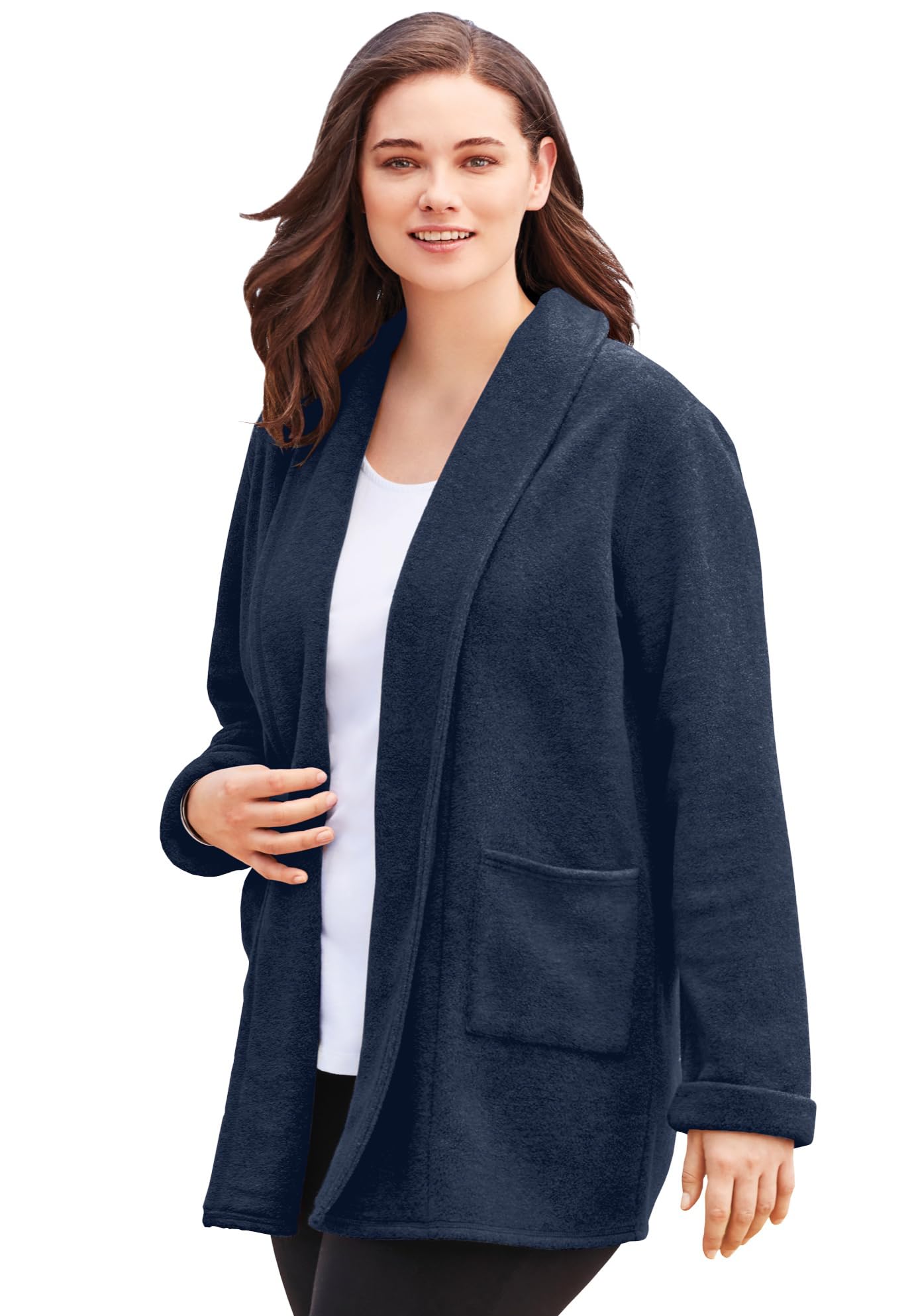 Woman Within Plus Size Microfleece Cardigan Shawl Collar Oversized Long Open Jacket - L Navy