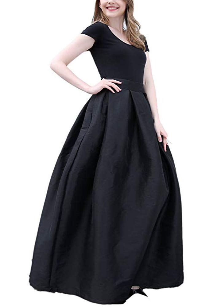 PROMLINK Women Long Taffeta Maxi Skirt A-line Party Dresses with PocketsBlackS